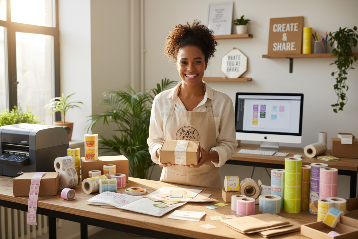 mixed girl with packaging around her printing labels smilling